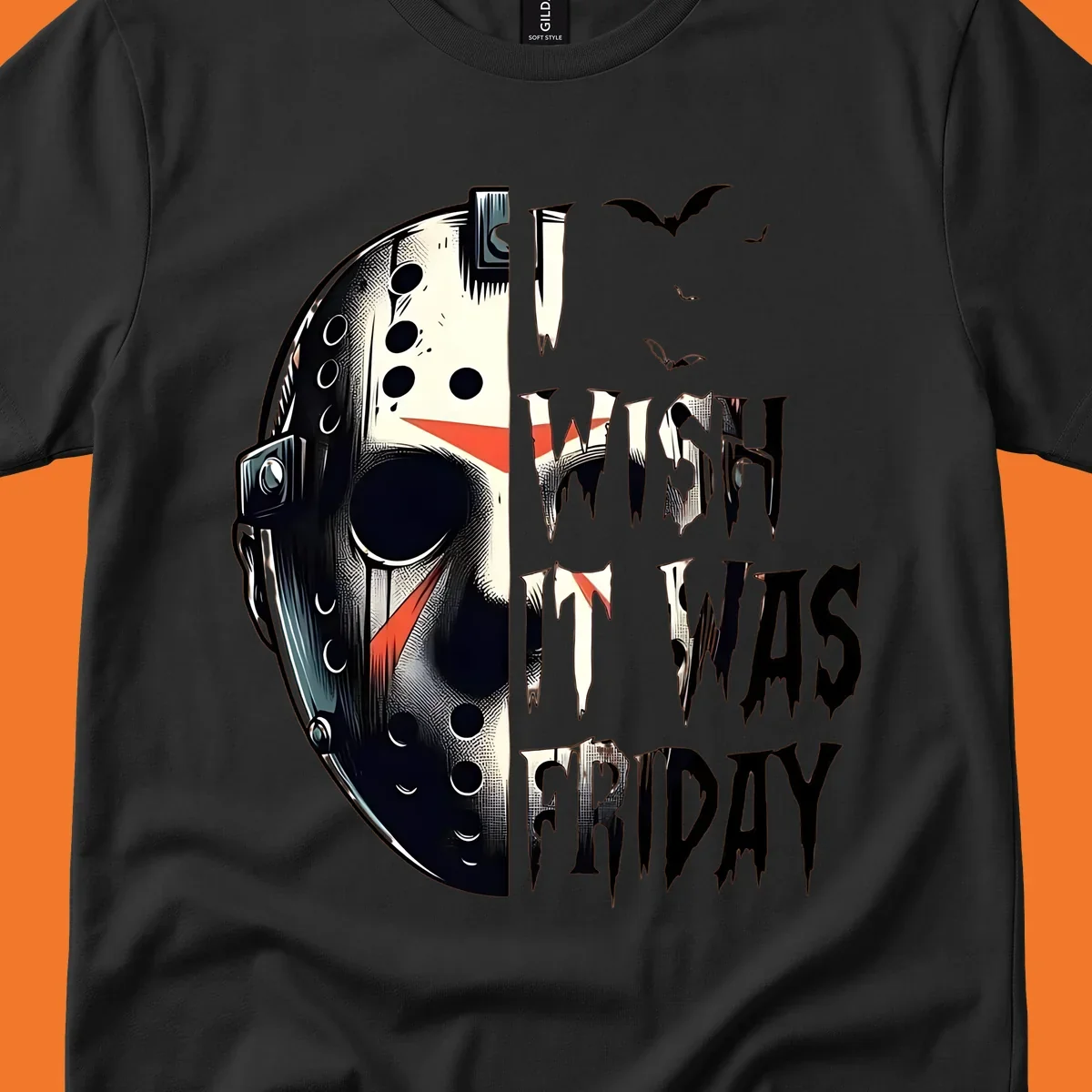 Jason mask and dripping text 'I Wish It Was Friday' with bats. Horror movie fan design.