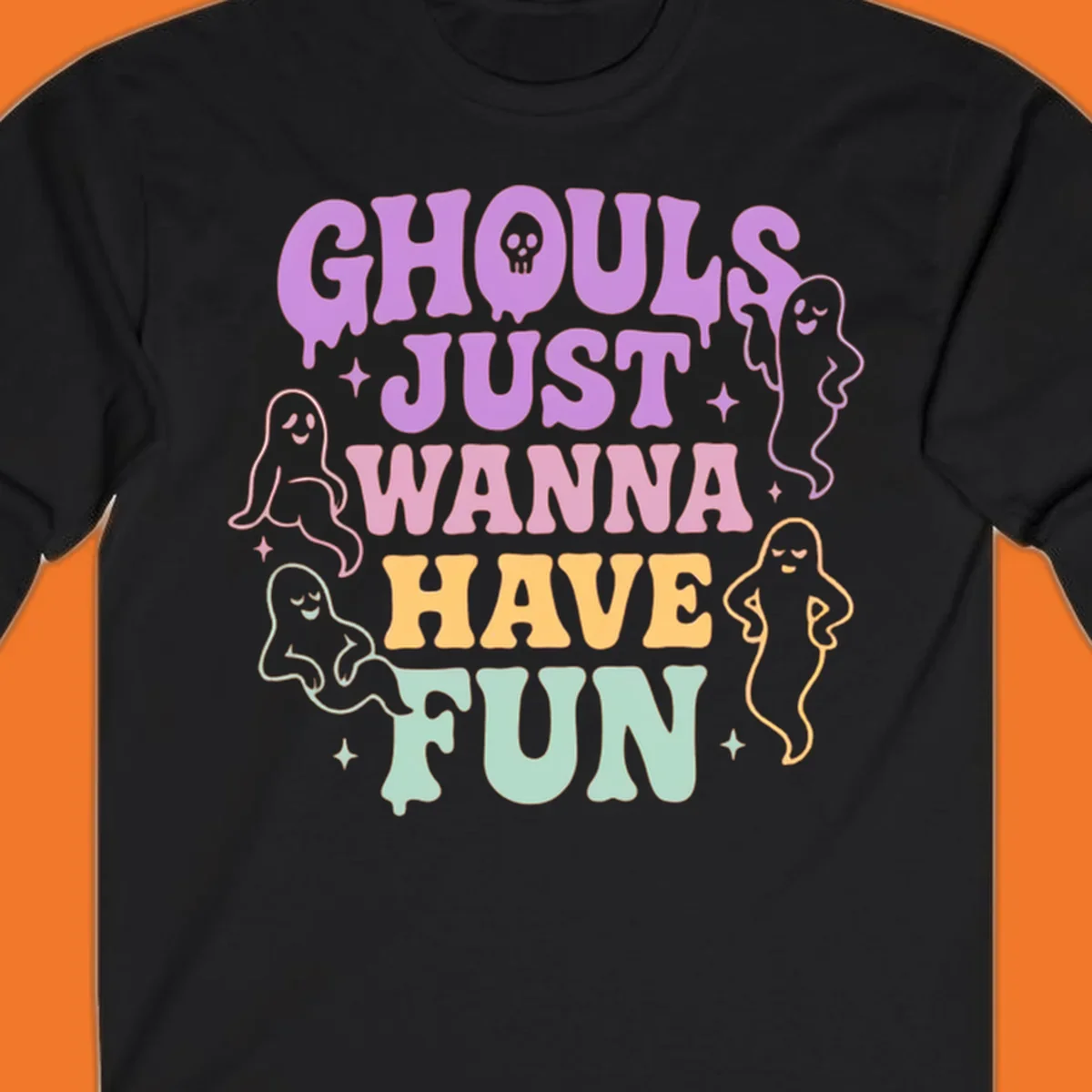 Ghouls wanna have fun Halloween design with ghosts and skull.