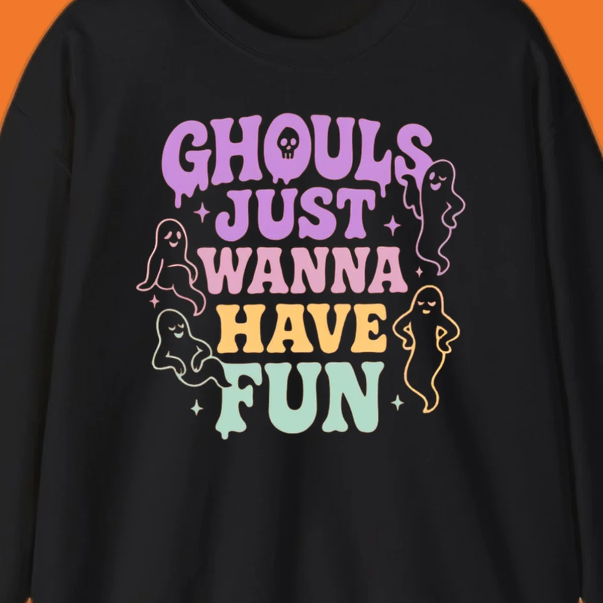 Ghouls wanna have fun Halloween design with ghosts and skull.