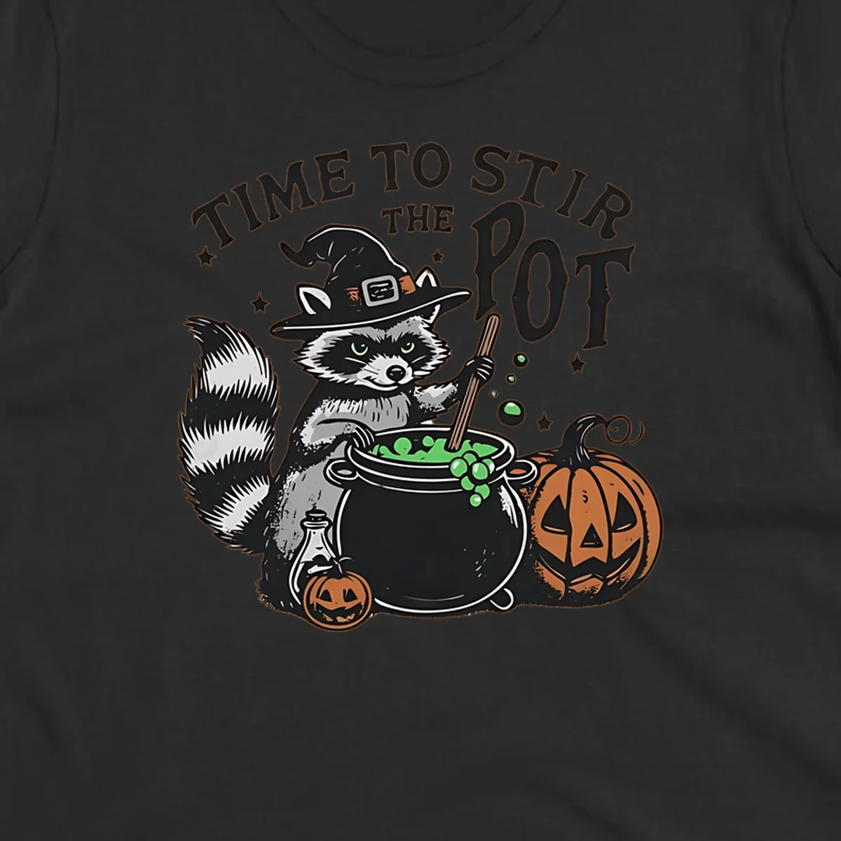 Raccoon witch stirring a halloween pot, text says TIME TO STIR THE POT.