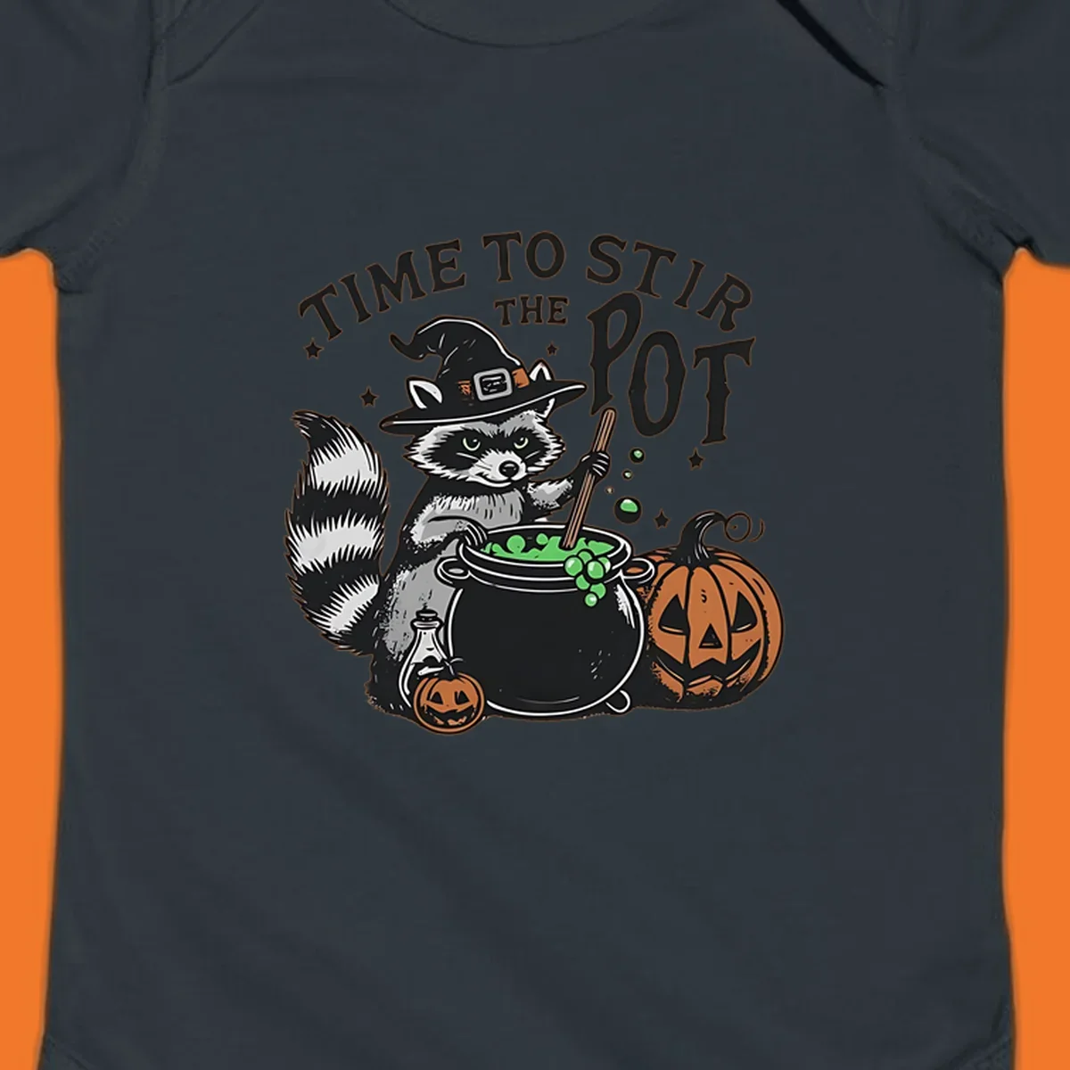 Raccoon witch stirring a halloween pot, text says TIME TO STIR THE POT.
