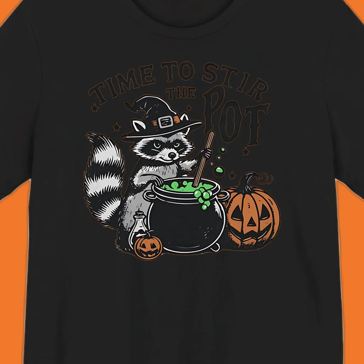 Raccoon witch stirring a halloween pot, text says TIME TO STIR THE POT.
