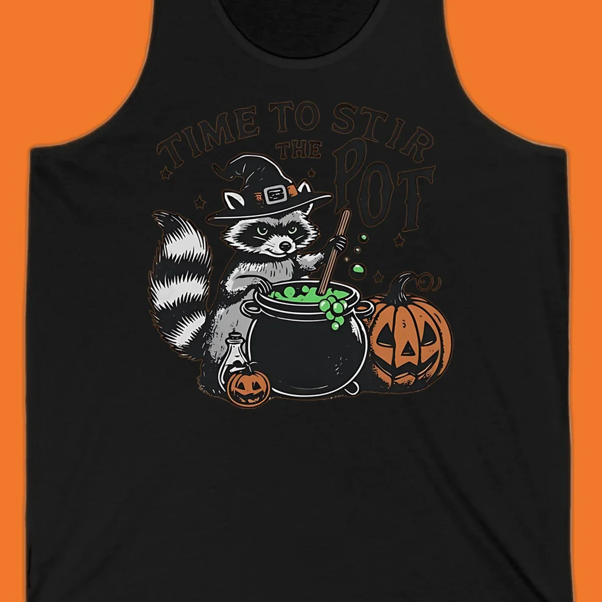 Raccoon witch stirring a halloween pot, text says TIME TO STIR THE POT.