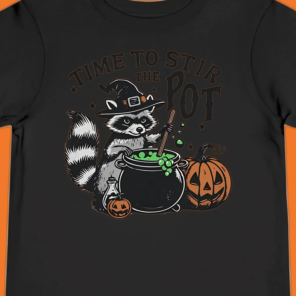 Raccoon witch stirring a halloween pot, text says TIME TO STIR THE POT.