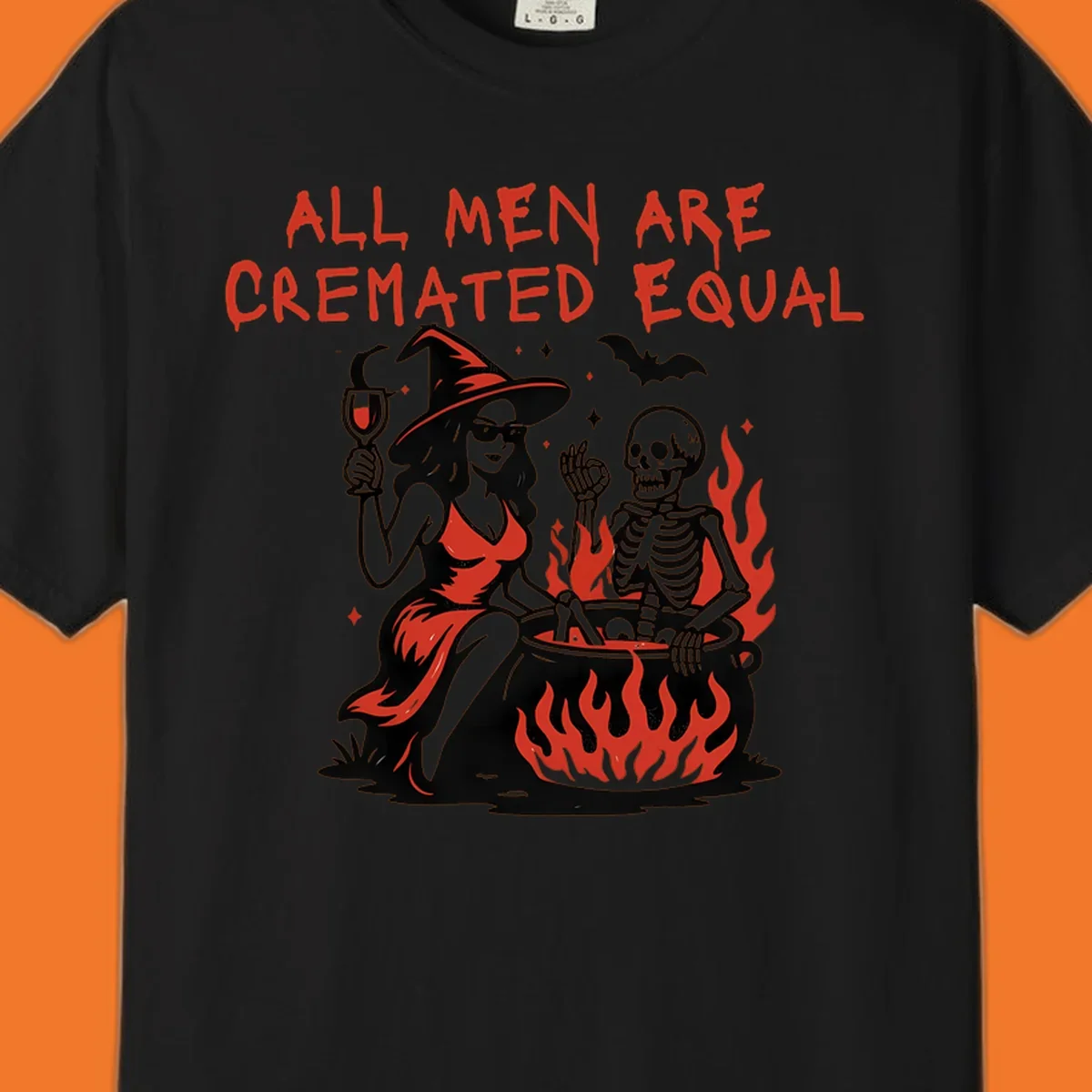 All men are cremated equal Halloween design with witch, skeleton, and cauldron. Text reads 'ALL MEN ARE CREMATED EQUAL'.