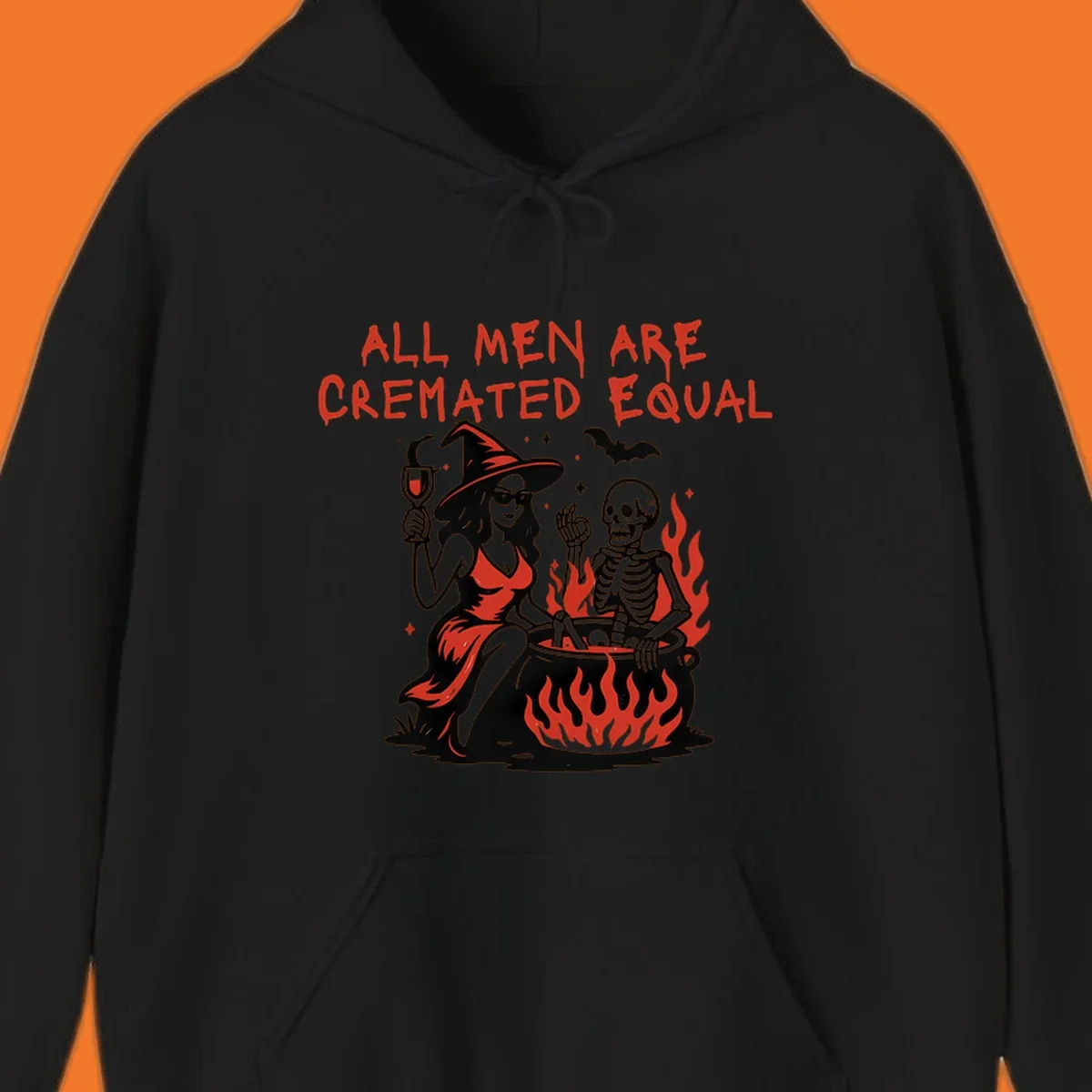 All men are cremated equal Halloween design with witch, skeleton, and cauldron. Text reads 'ALL MEN ARE CREMATED EQUAL'.