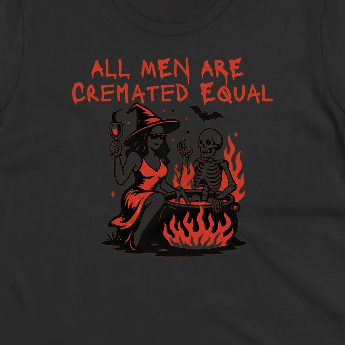 All men are cremated equal Halloween design with witch, skeleton, and cauldron. Text reads 'ALL MEN ARE CREMATED EQUAL'.