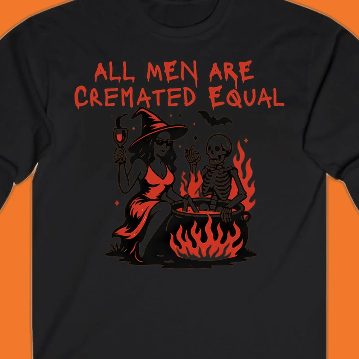 All men are cremated equal Halloween design with witch, skeleton, and cauldron. Text reads 'ALL MEN ARE CREMATED EQUAL'.