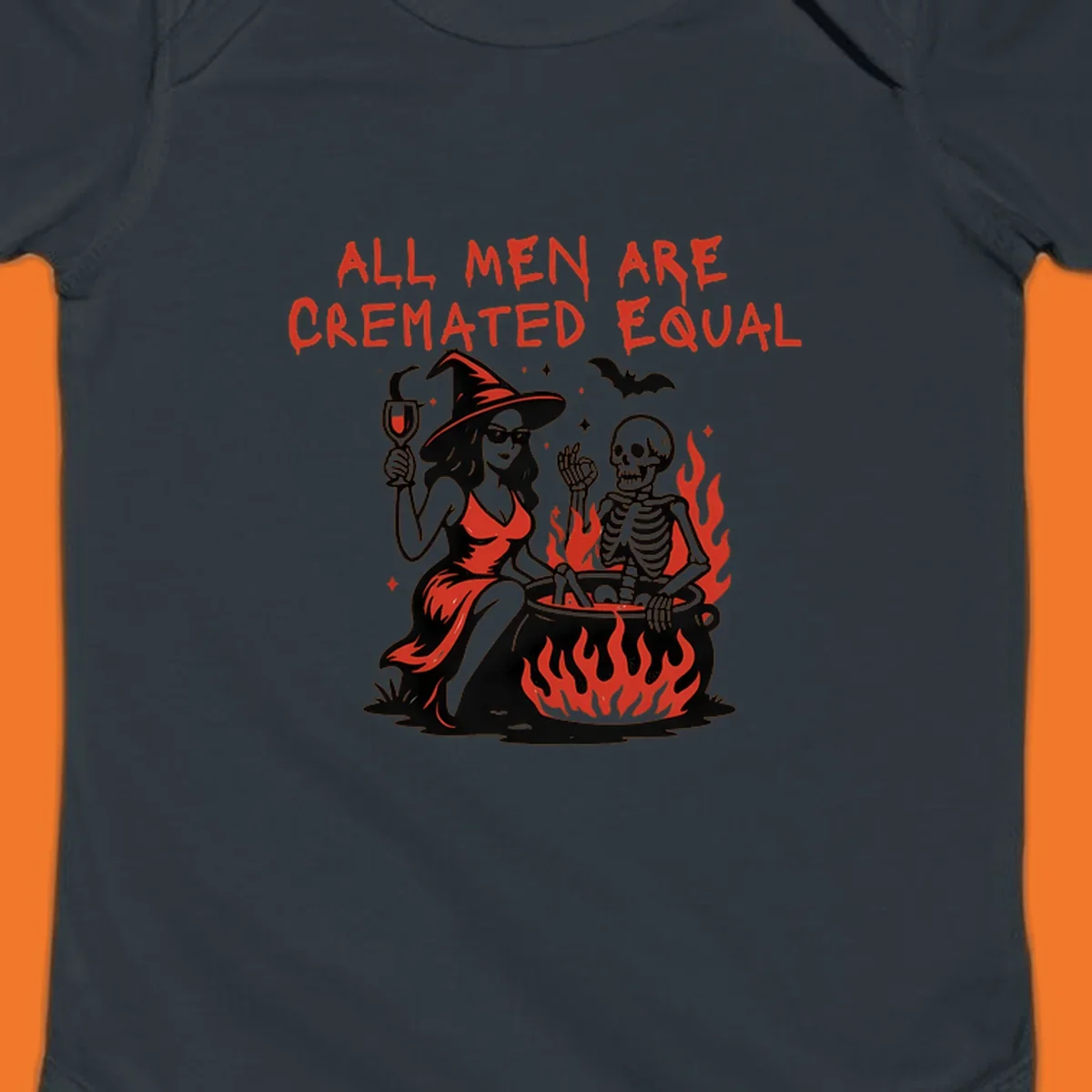 All men are cremated equal Halloween design with witch, skeleton, and cauldron. Text reads 'ALL MEN ARE CREMATED EQUAL'.