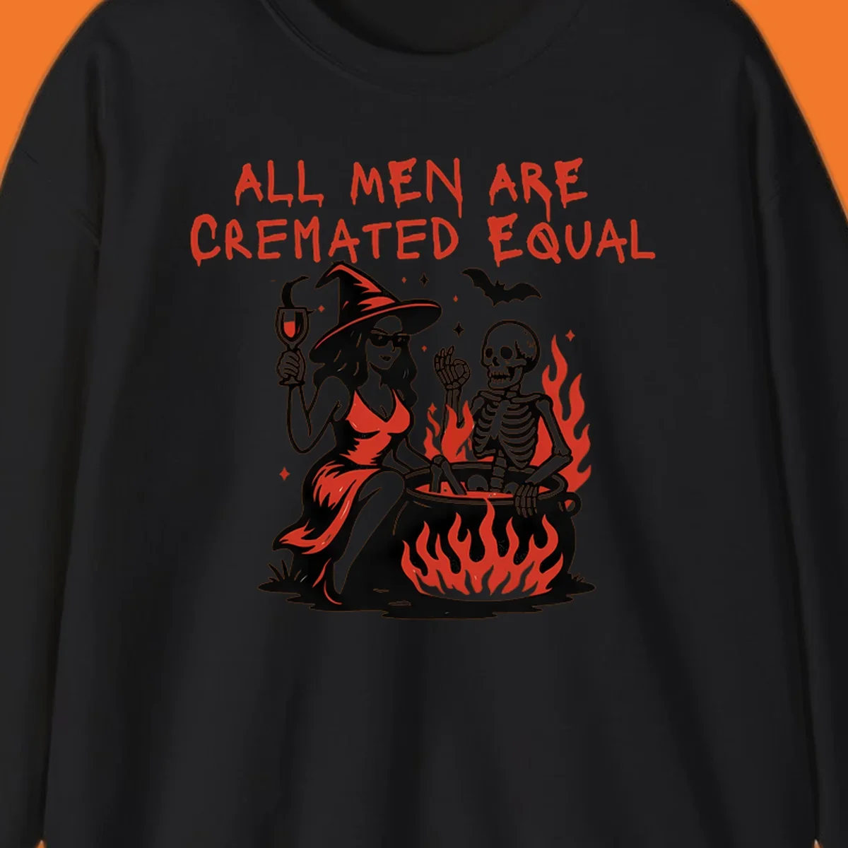 All men are cremated equal Halloween design with witch, skeleton, and cauldron. Text reads 'ALL MEN ARE CREMATED EQUAL'.