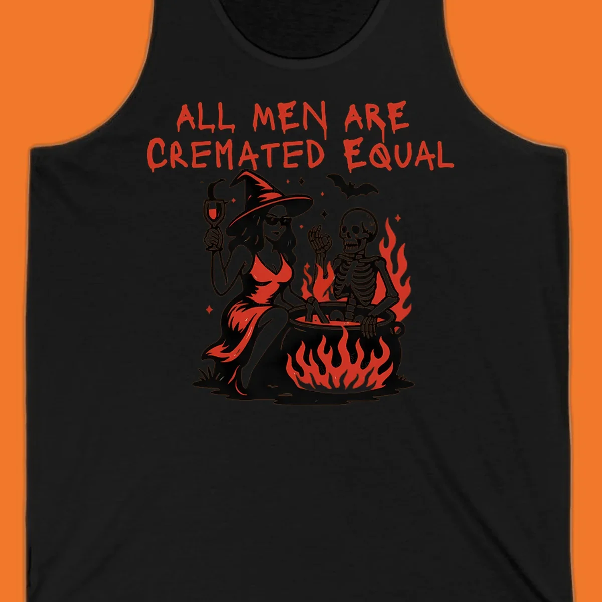All men are cremated equal Halloween design with witch, skeleton, and cauldron. Text reads 'ALL MEN ARE CREMATED EQUAL'.