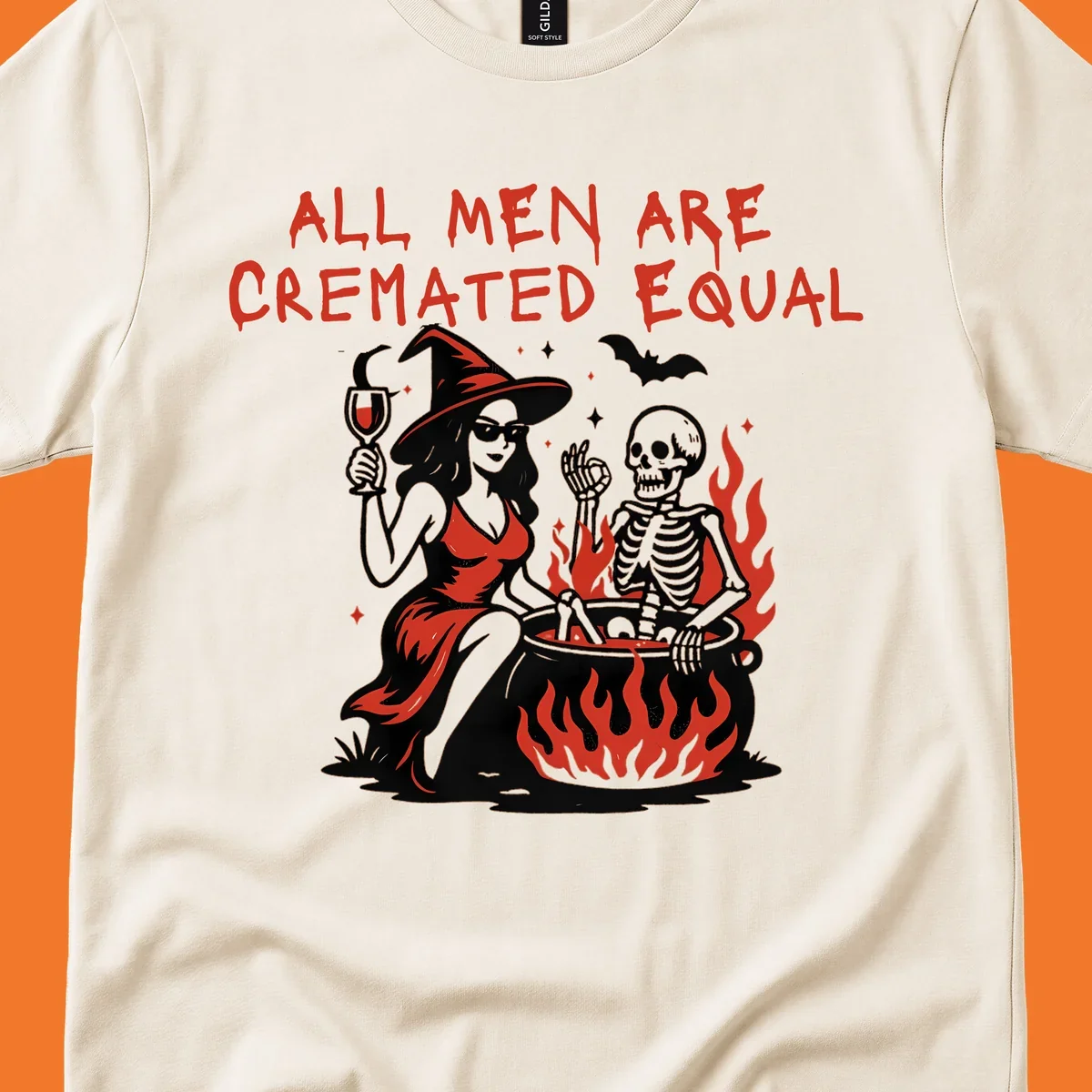 All men are cremated equal Halloween design with witch, skeleton, and cauldron. Text reads 'ALL MEN ARE CREMATED EQUAL'.