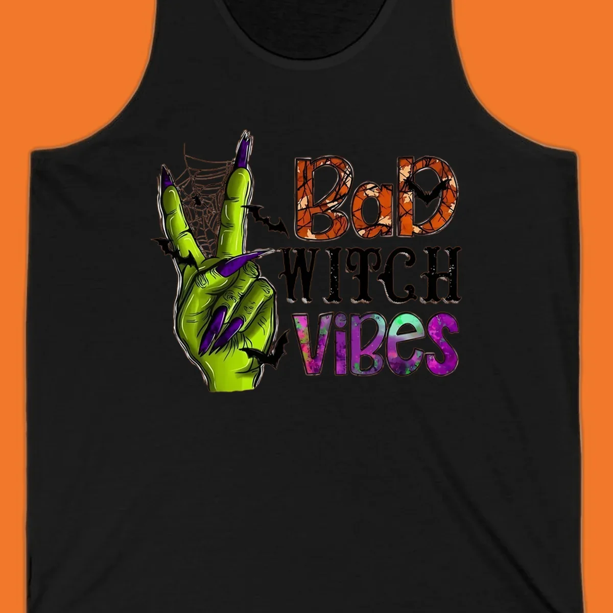Bad Witch Vibes Halloween graphic with a green witch hand peace sign and bats.