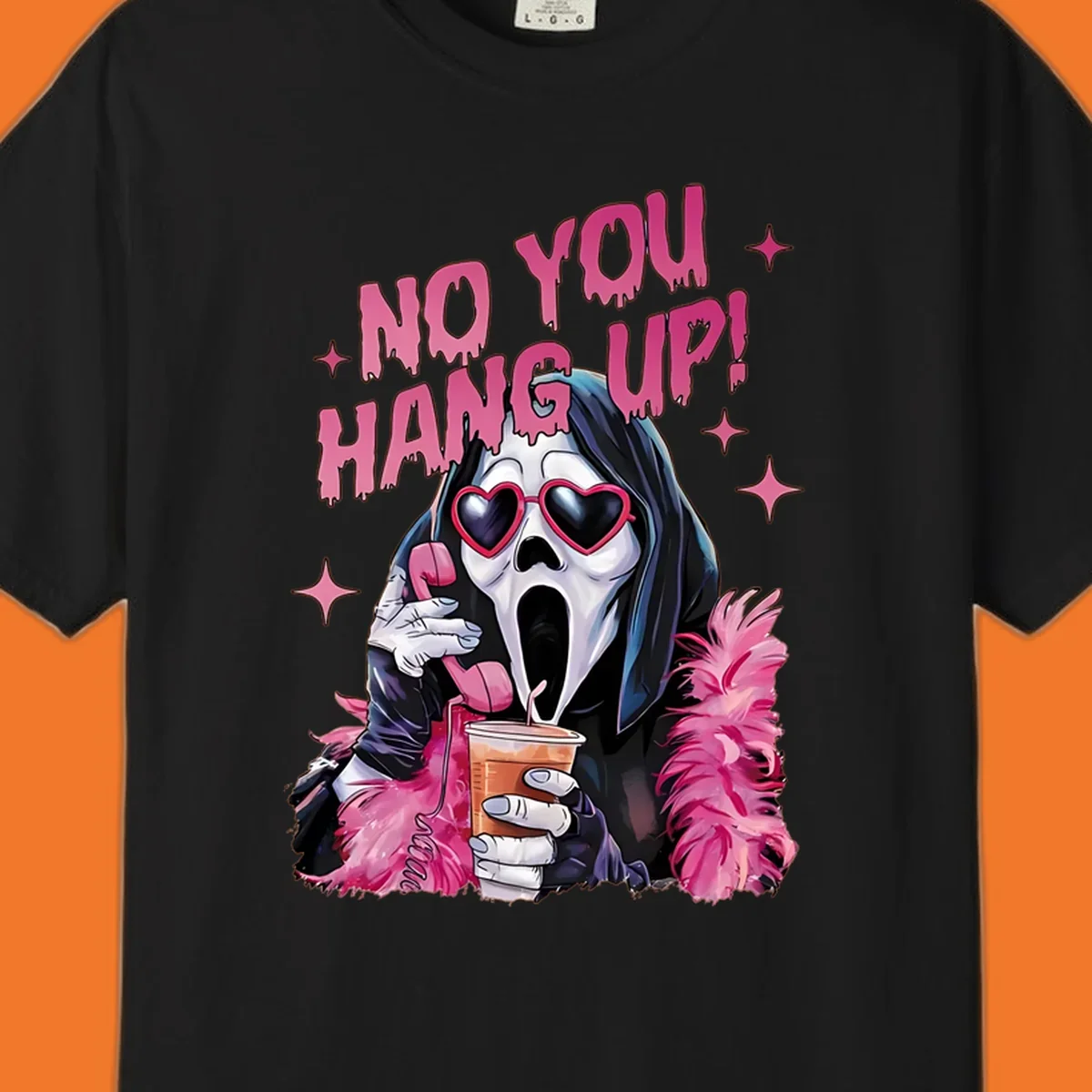 Ghostface character with heart sunglasses and 'NO YOU HANG UP!' text, a pop culture horror design.