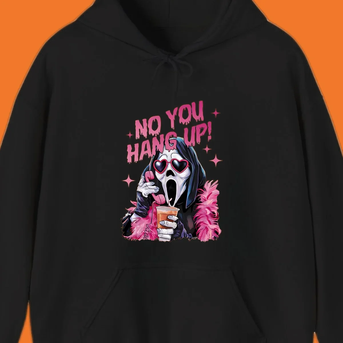 Ghostface character with heart sunglasses and 'NO YOU HANG UP!' text, a pop culture horror design.