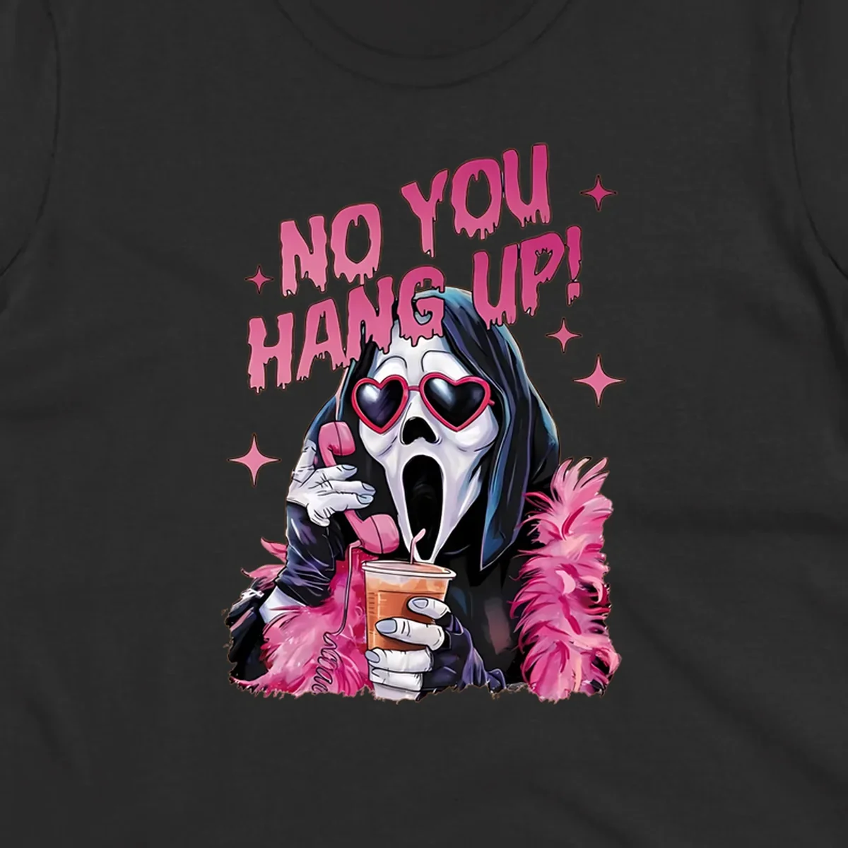 Ghostface character with heart sunglasses and 'NO YOU HANG UP!' text, a pop culture horror design.
