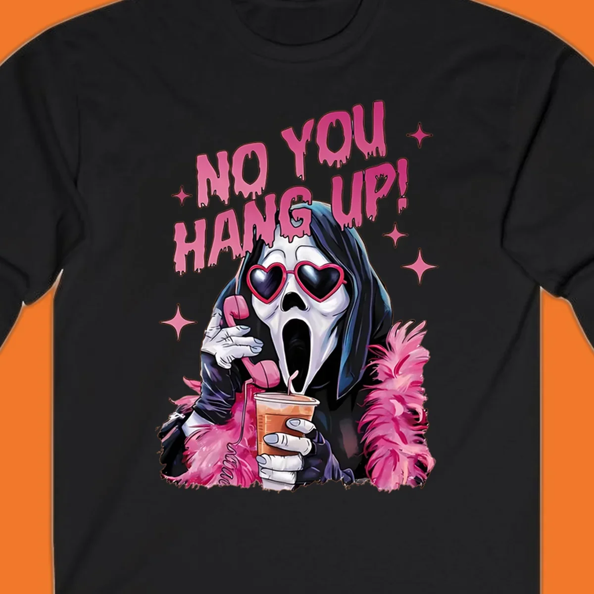 Ghostface character with heart sunglasses and 'NO YOU HANG UP!' text, a pop culture horror design.