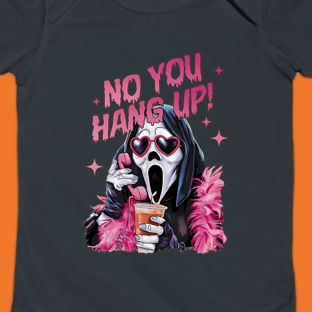 Ghostface character with heart sunglasses and 'NO YOU HANG UP!' text, a pop culture horror design.