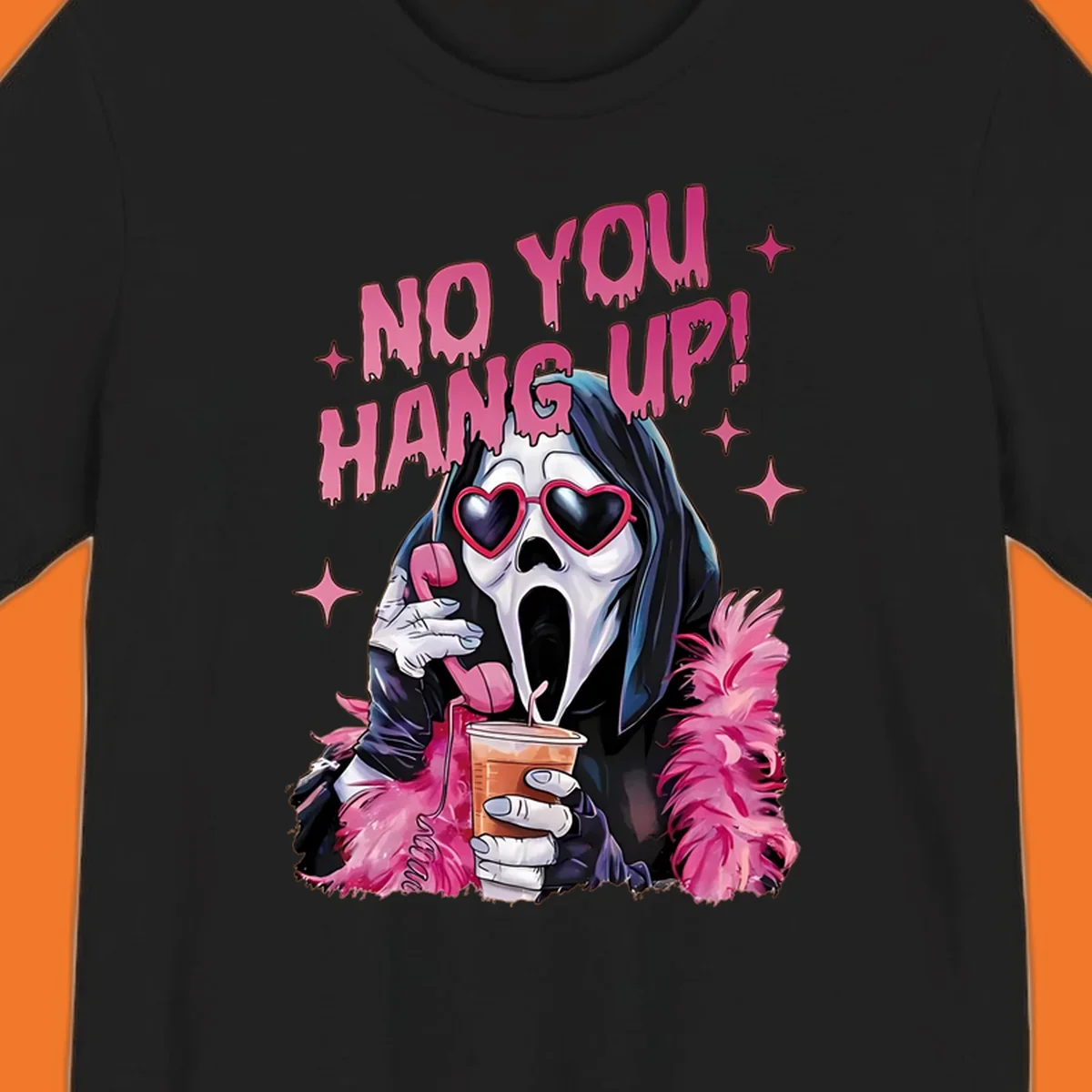 Ghostface character with heart sunglasses and 'NO YOU HANG UP!' text, a pop culture horror design.