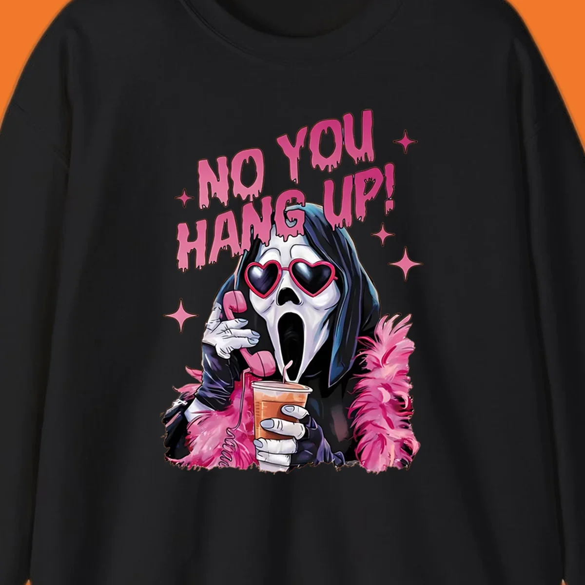 Ghostface character with heart sunglasses and 'NO YOU HANG UP!' text, a pop culture horror design.