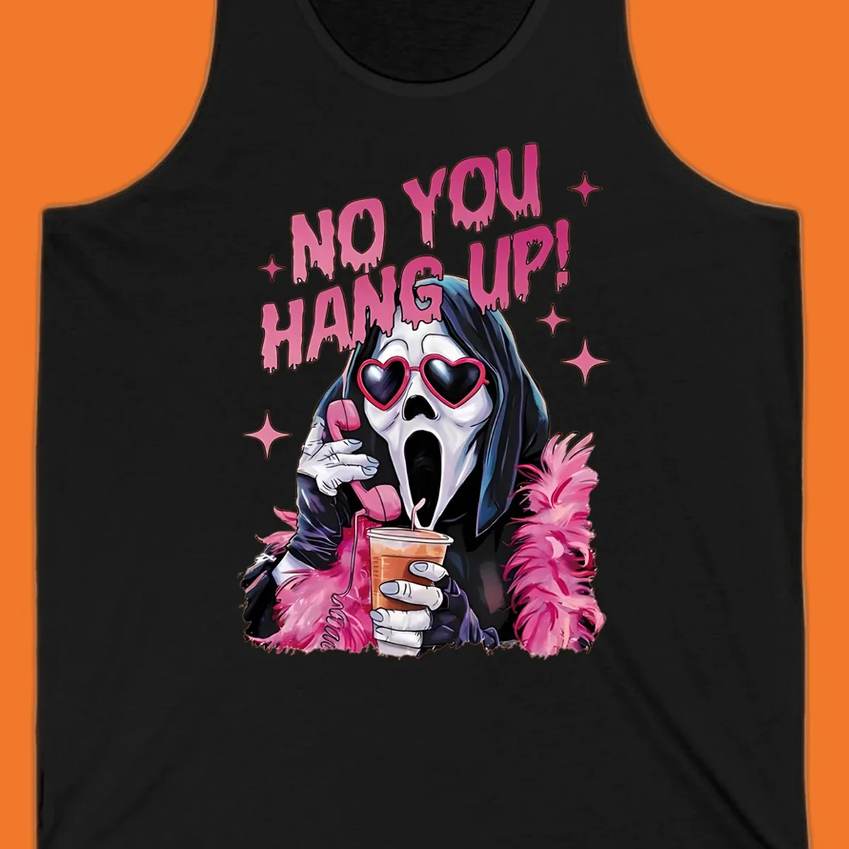 Ghostface character with heart sunglasses and 'NO YOU HANG UP!' text, a pop culture horror design.