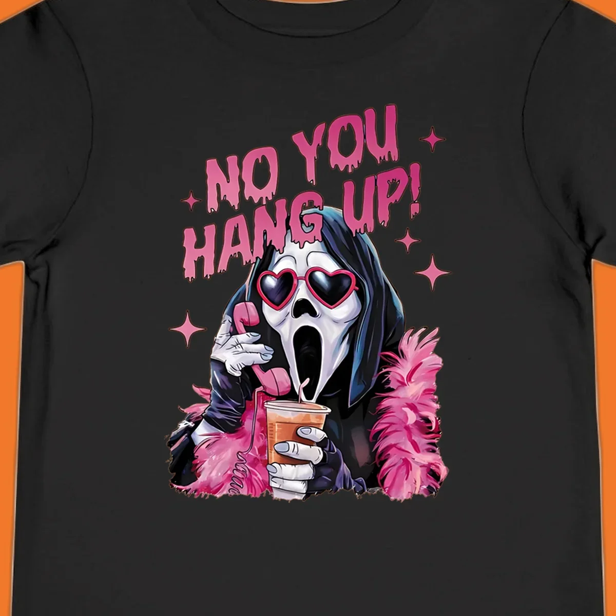 Ghostface character with heart sunglasses and 'NO YOU HANG UP!' text, a pop culture horror design.