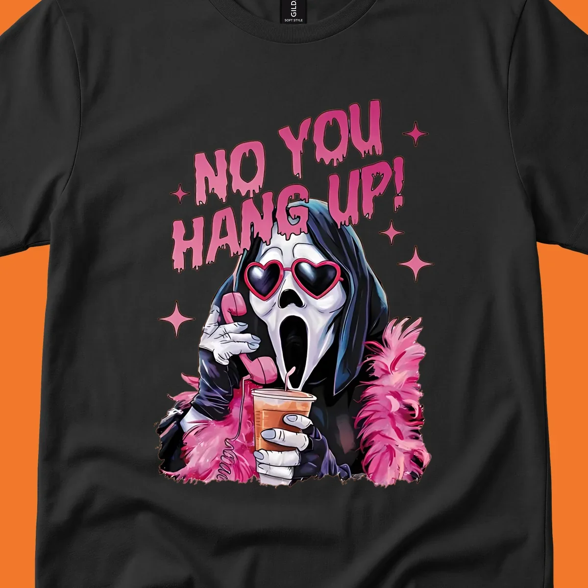 Ghostface character with heart sunglasses and 'NO YOU HANG UP!' text, a pop culture horror design.