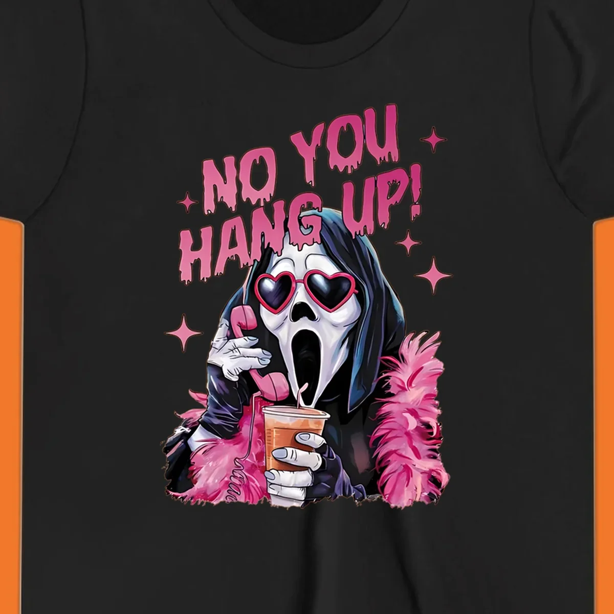 Ghostface character with heart sunglasses and 'NO YOU HANG UP!' text, a pop culture horror design.