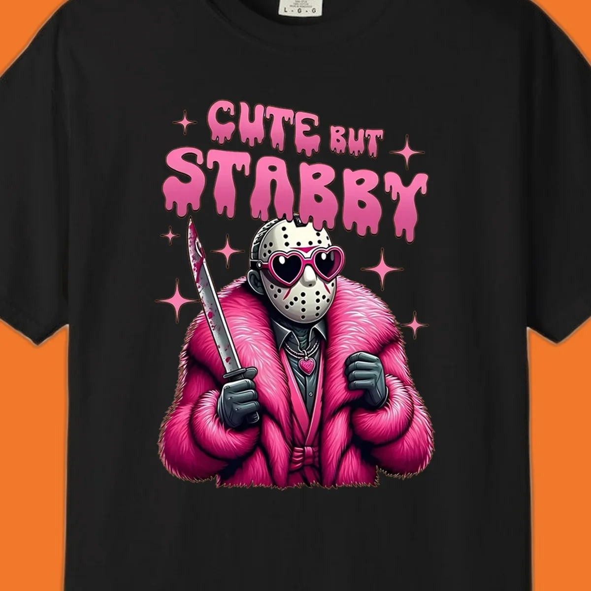 Cute but stabby horror mask with pink fur coat and heart sunglasses, holding a bloody knife.