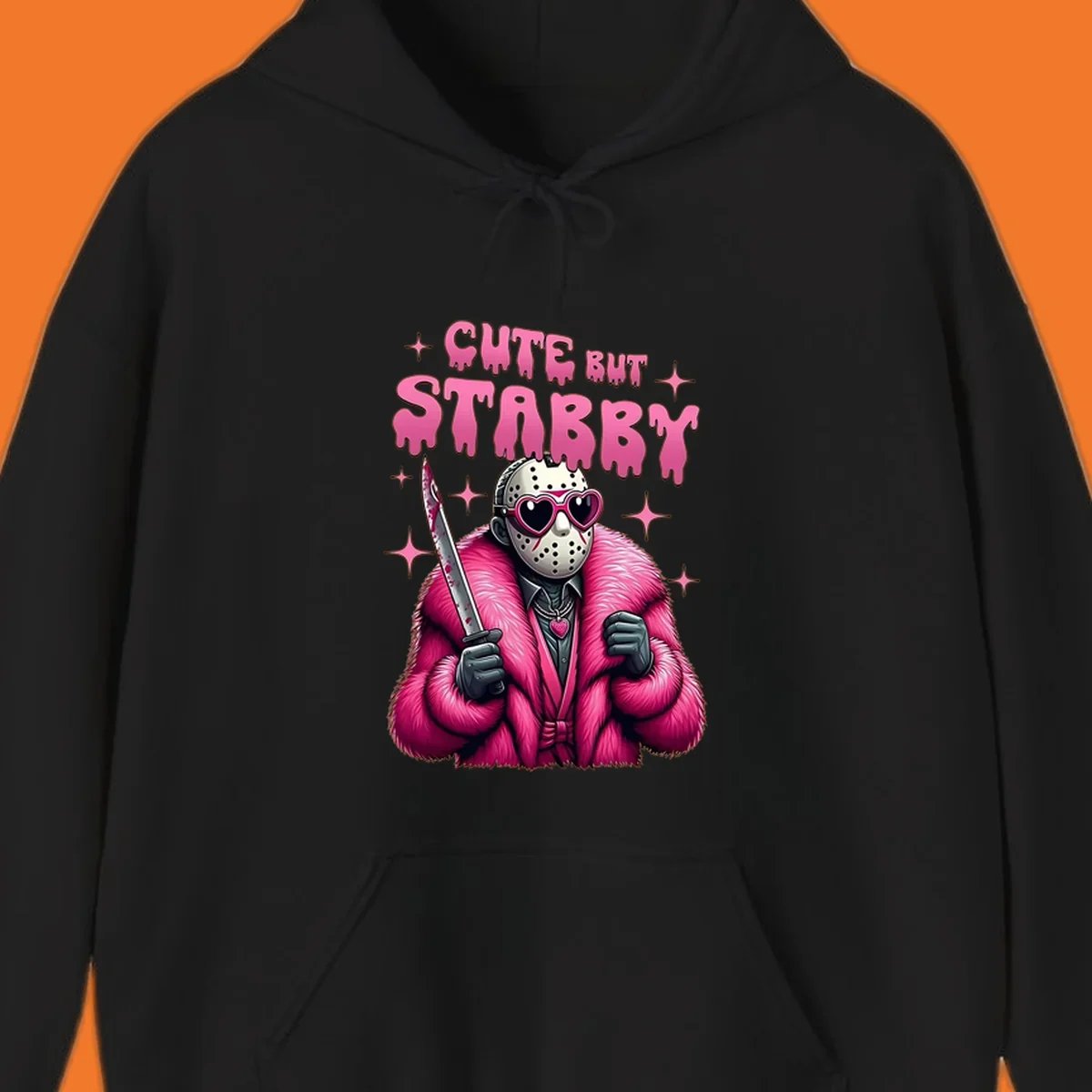 Cute but stabby horror mask with pink fur coat and heart sunglasses, holding a bloody knife.