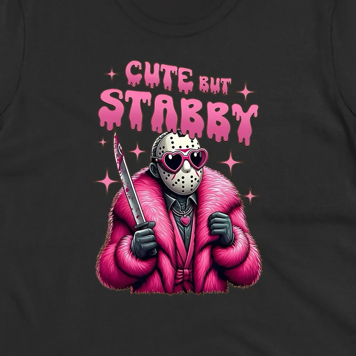 Cute but stabby horror mask with pink fur coat and heart sunglasses, holding a bloody knife.