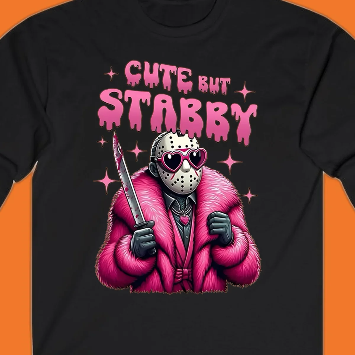 Cute but stabby horror mask with pink fur coat and heart sunglasses, holding a bloody knife.
