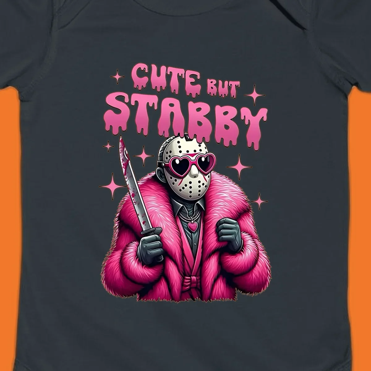 Cute but stabby horror mask with pink fur coat and heart sunglasses, holding a bloody knife.