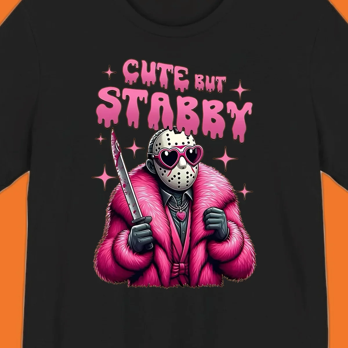 Cute but stabby horror mask with pink fur coat and heart sunglasses, holding a bloody knife.