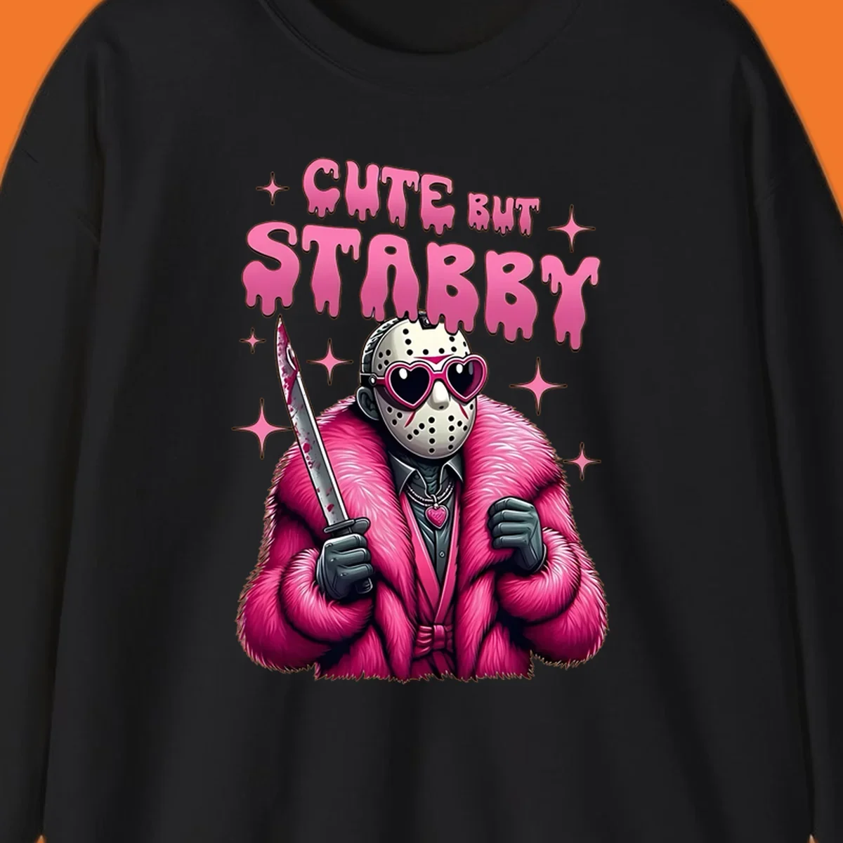 Cute but stabby horror mask with pink fur coat and heart sunglasses, holding a bloody knife.