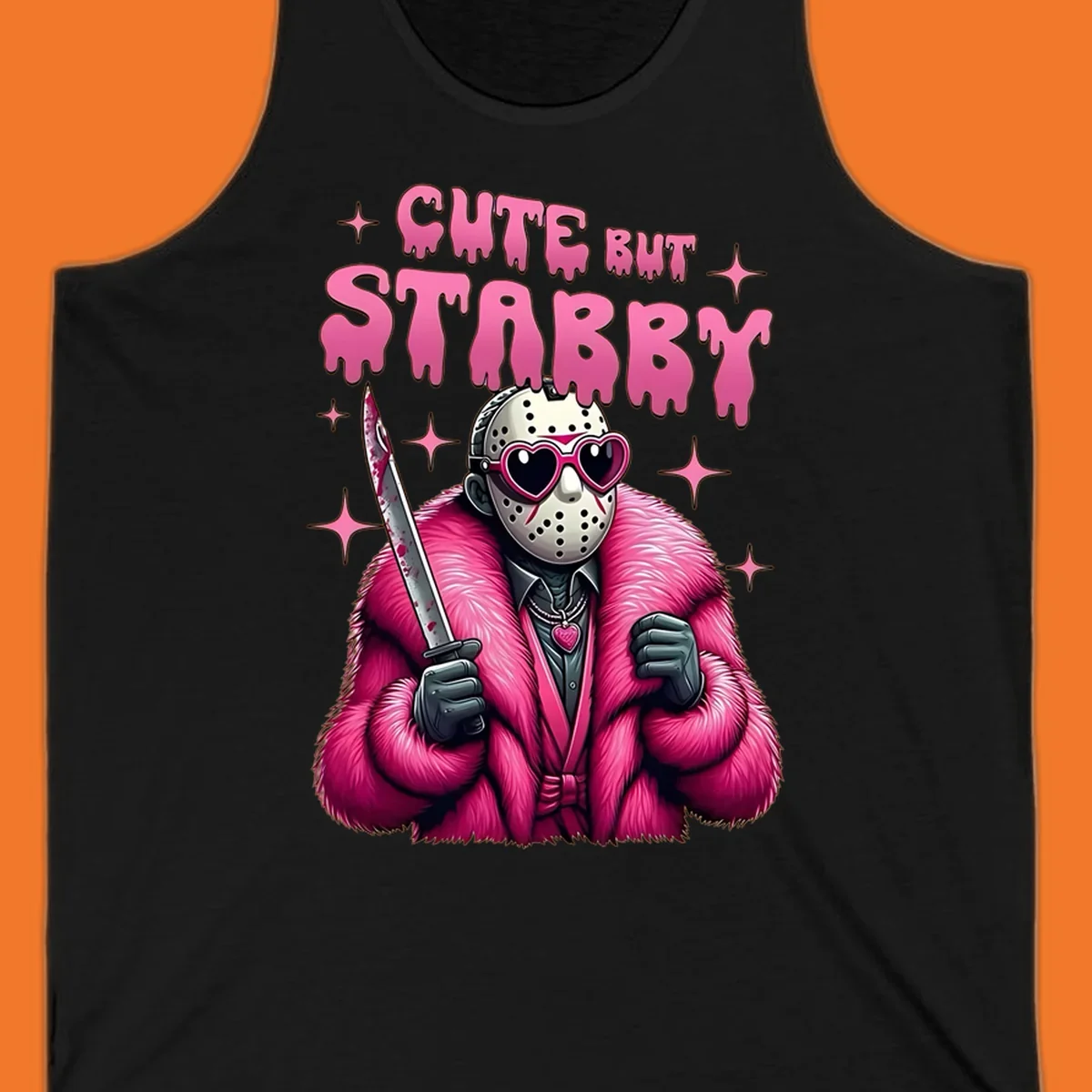 Cute but stabby horror mask with pink fur coat and heart sunglasses, holding a bloody knife.