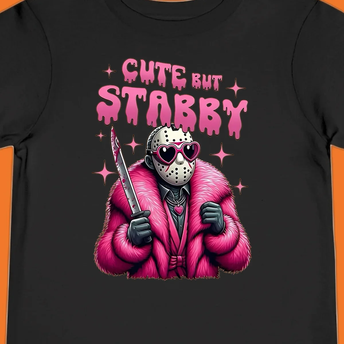 Cute but stabby horror mask with pink fur coat and heart sunglasses, holding a bloody knife.