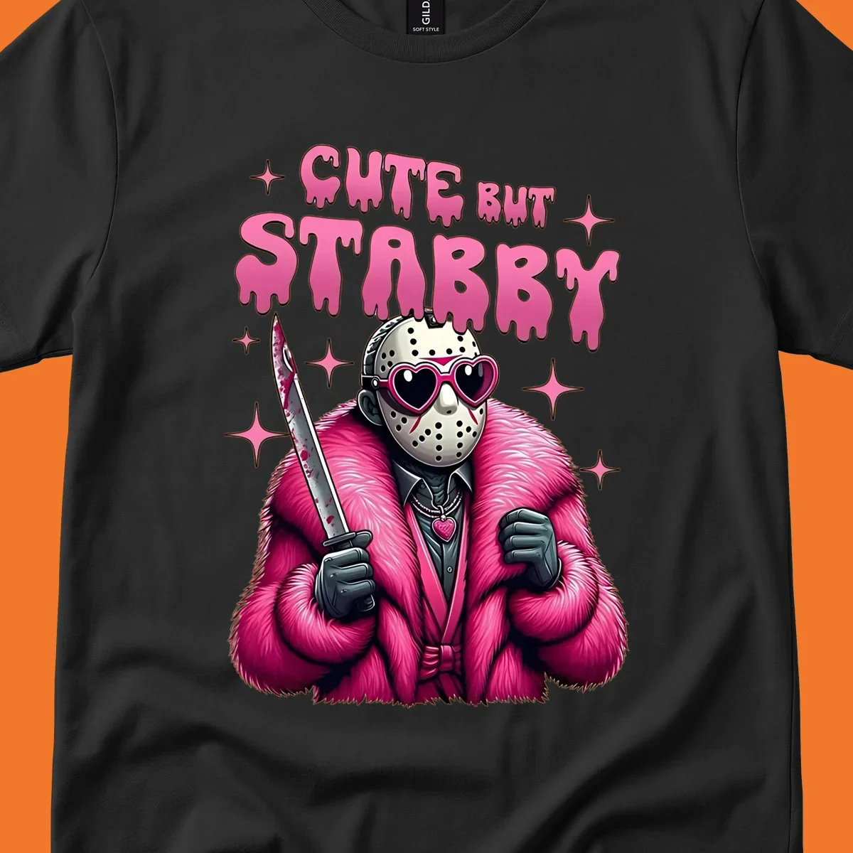 Cute but stabby horror mask with pink fur coat and heart sunglasses, holding a bloody knife.