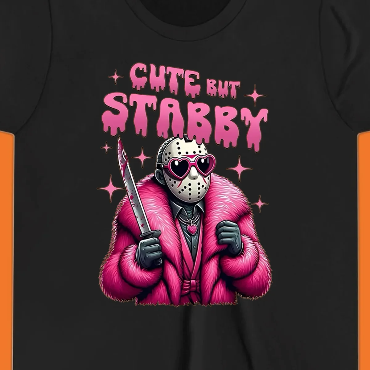 Cute but stabby horror mask with pink fur coat and heart sunglasses, holding a bloody knife.