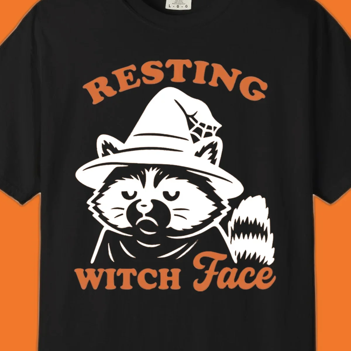 Resting Witch Face raccoon Halloween design with text.