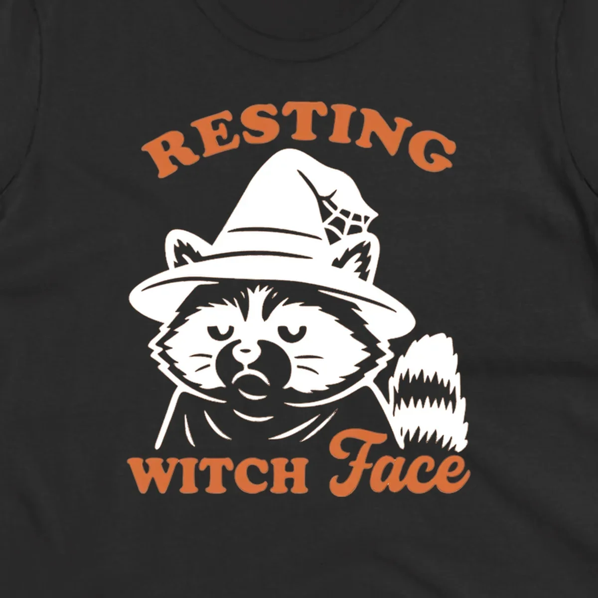 Resting Witch Face raccoon Halloween design with text.