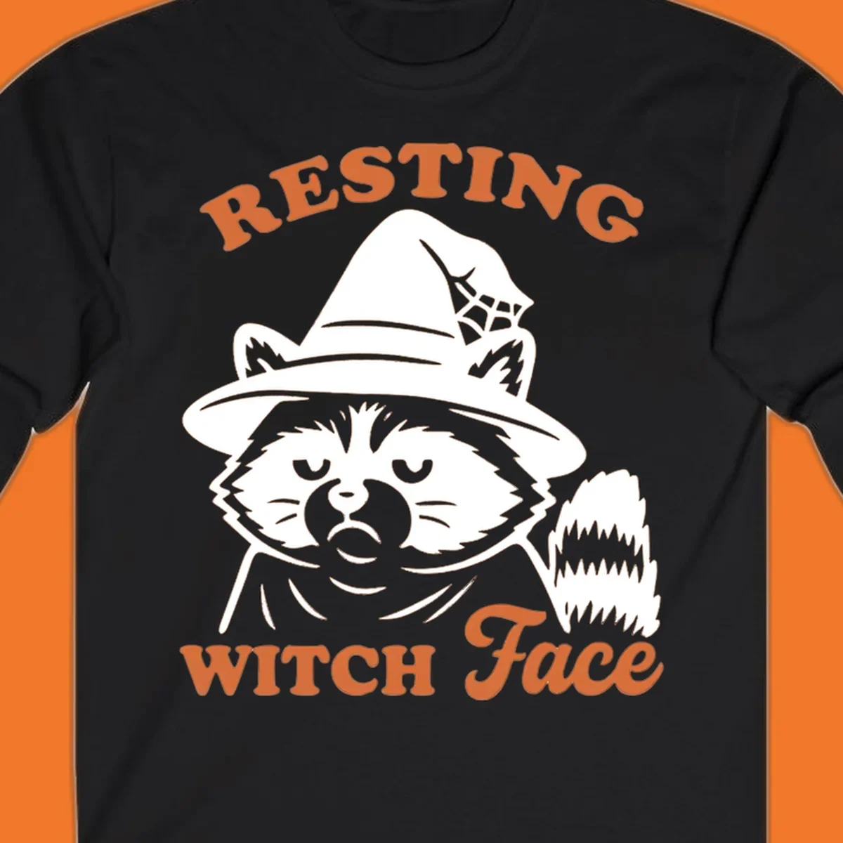 Resting Witch Face raccoon Halloween design with text.