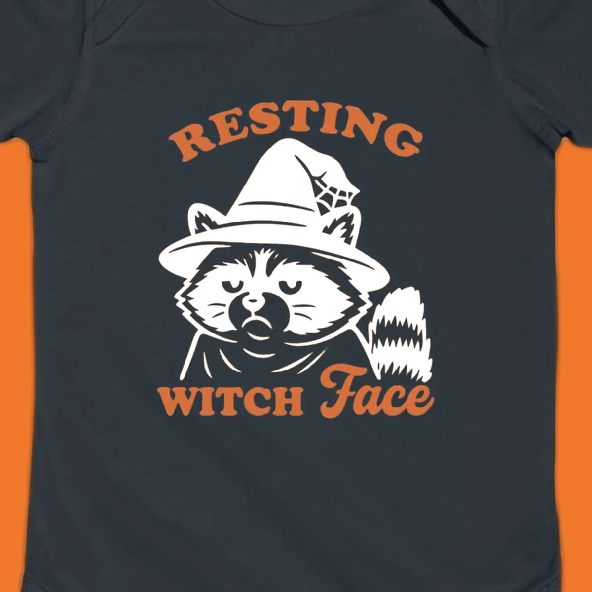 Resting Witch Face raccoon Halloween design with text.