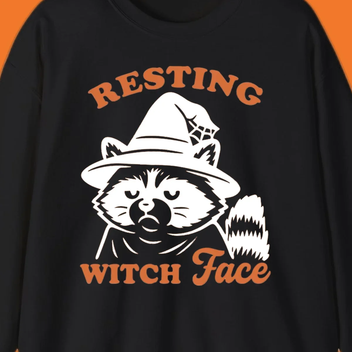 Resting Witch Face raccoon Halloween design with text.