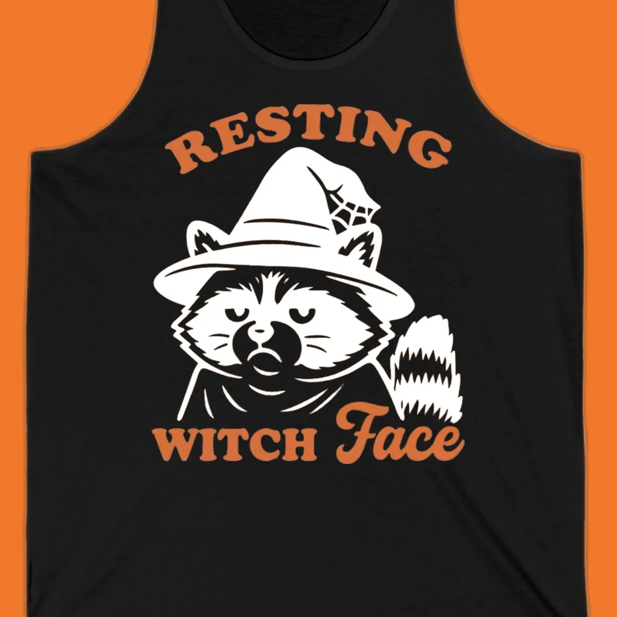 Resting Witch Face raccoon Halloween design with text.
