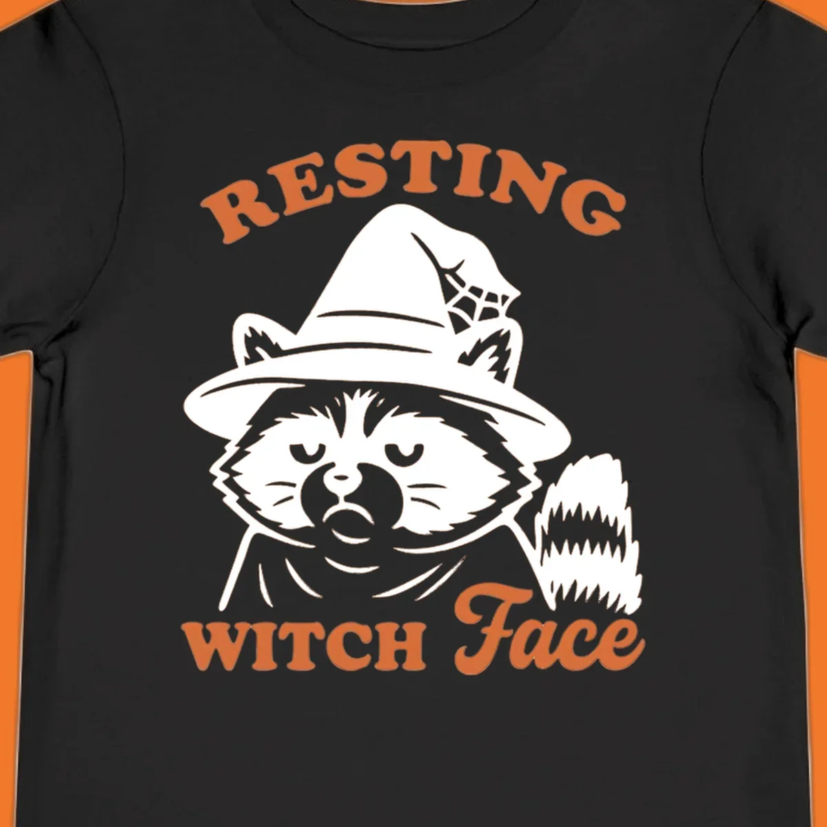 Resting Witch Face raccoon Halloween design with text.