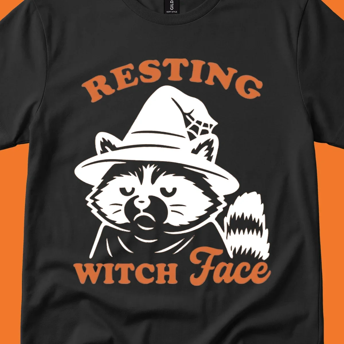 Resting Witch Face raccoon Halloween design with text.