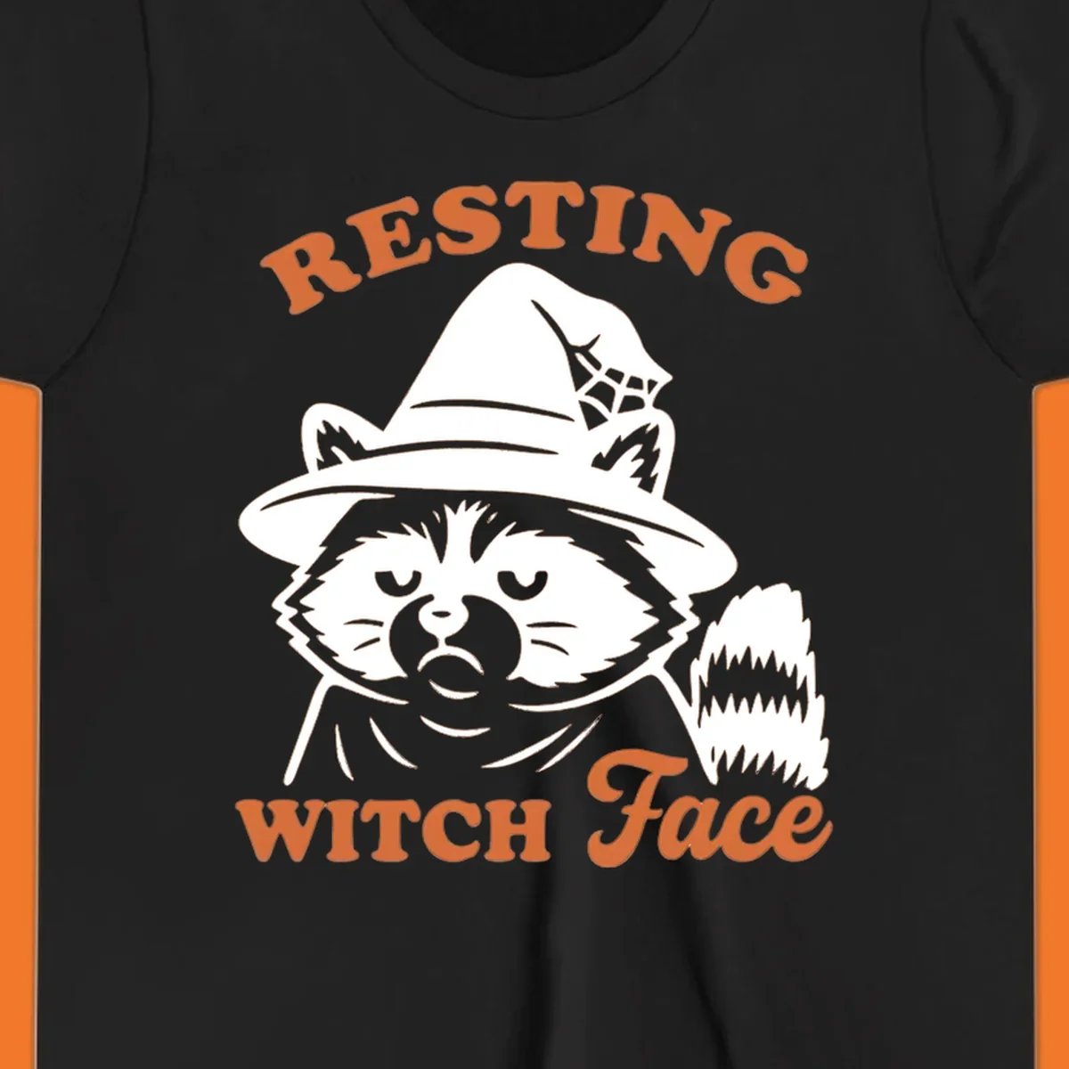 Resting Witch Face raccoon Halloween design with text.