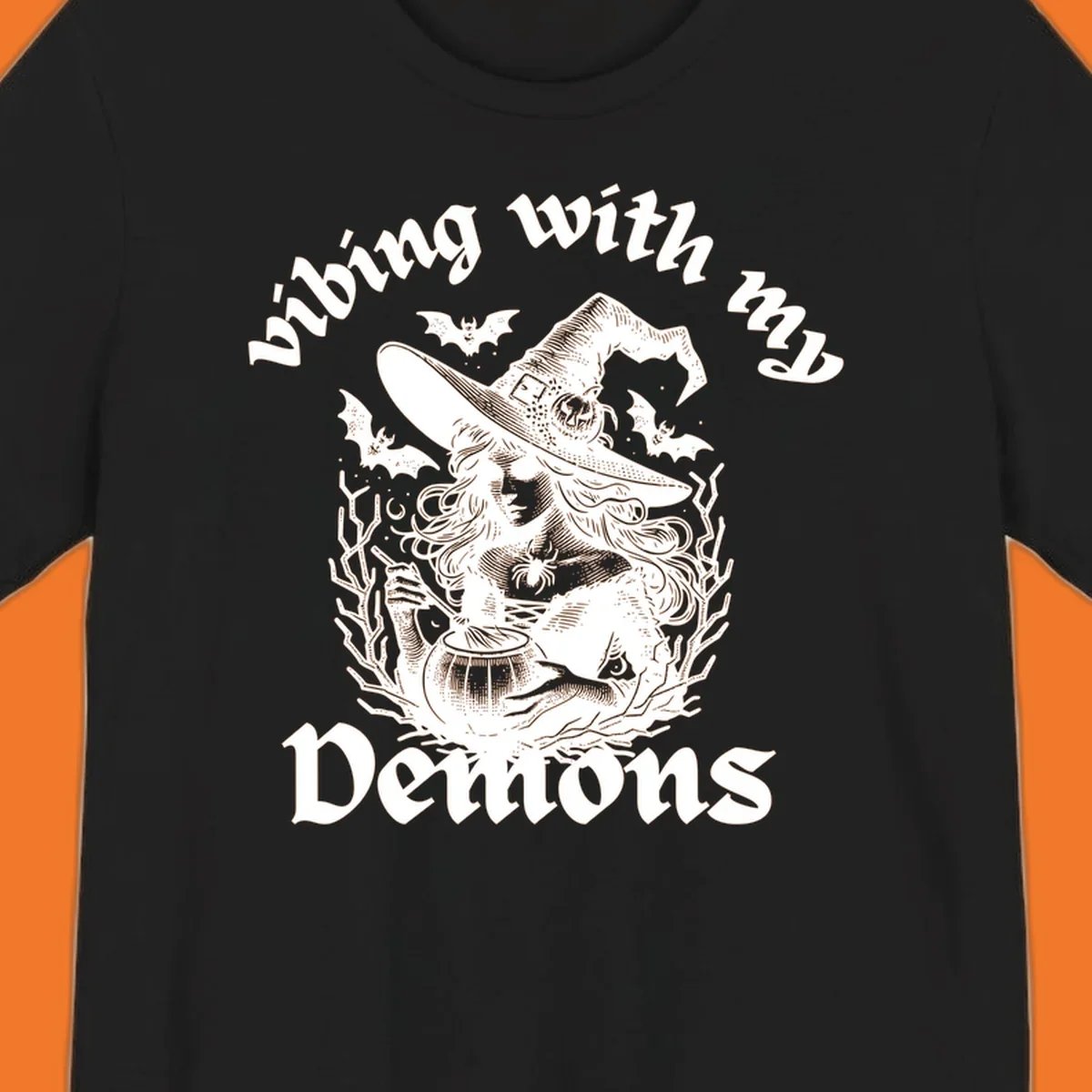 Witch stirring cauldron with bats and text 'vibing with my Demons', witch-vibing-demons design