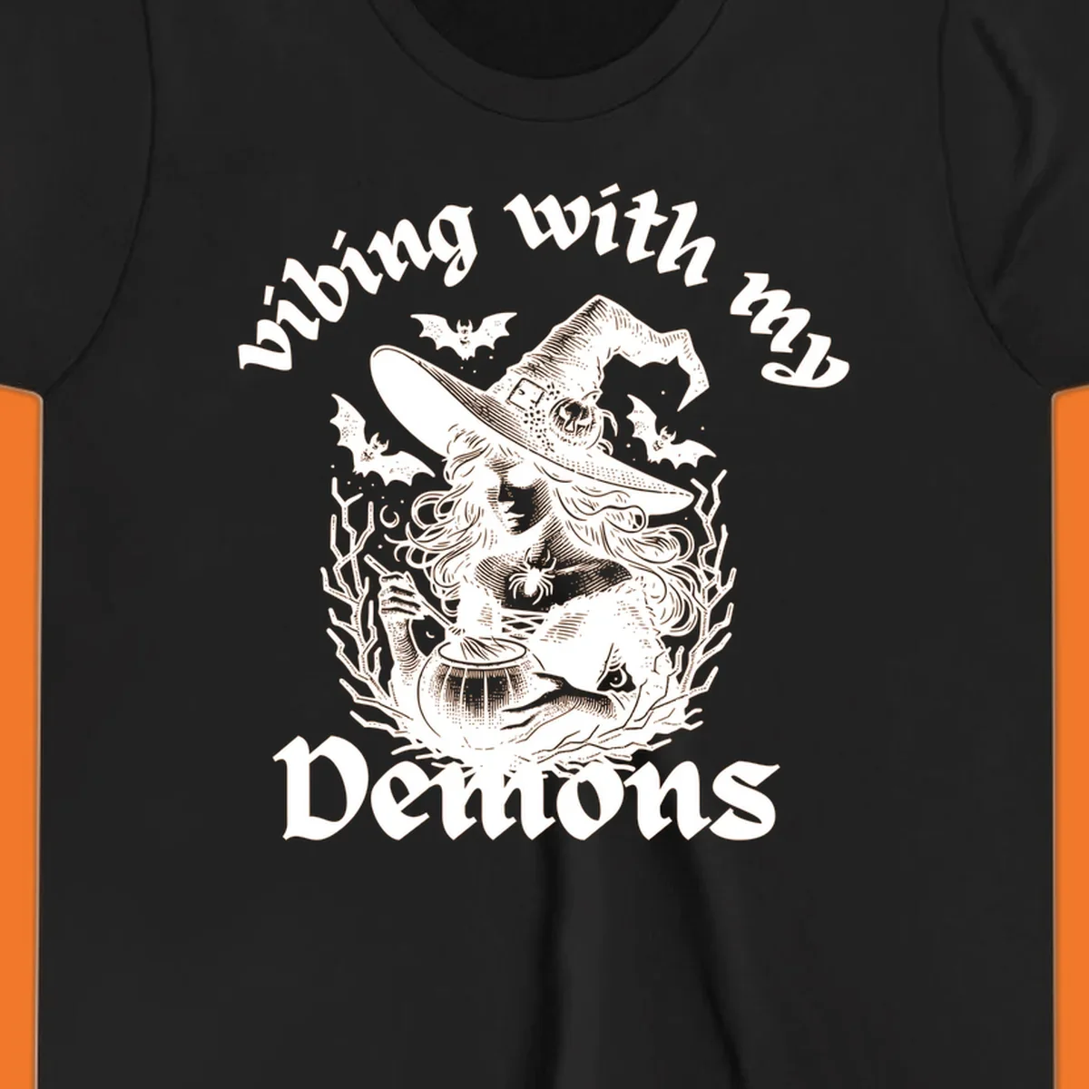 Witch stirring cauldron with bats and text 'vibing with my Demons', witch-vibing-demons design